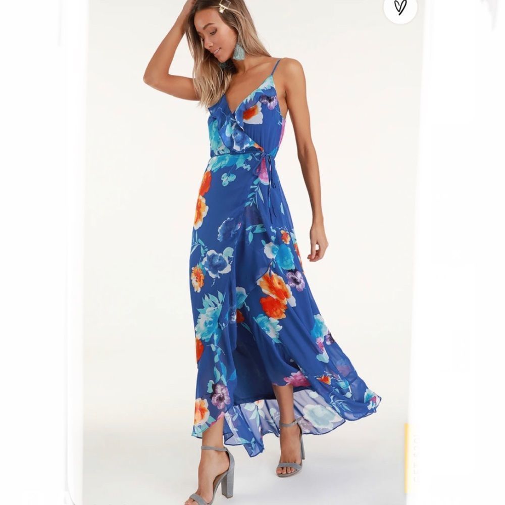 Lulu’s Ladean Royal Blue Floral Print Ruffled Wrap Maxi Dress